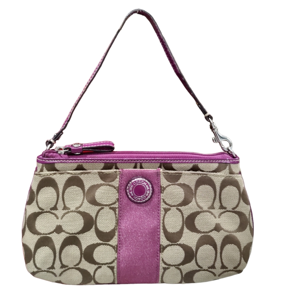 COACH Signature Stripe Large Wristlet Wallet Khaki Berry F47706